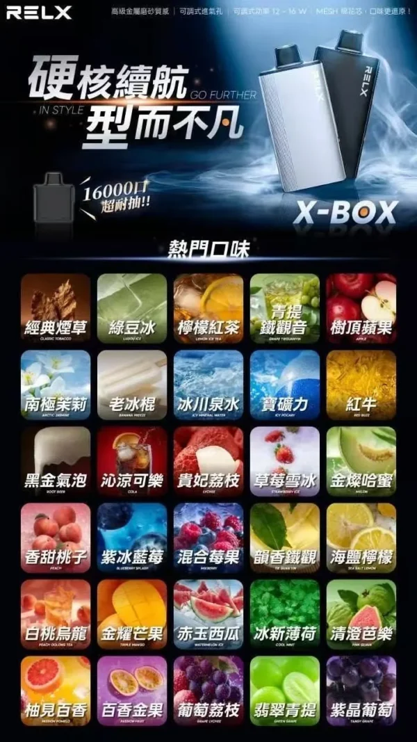 RELX-悅刻-X-BOX-16000口拋棄式電子煙-風味圖 RELX 悅刻 X-BOX 16000口換彈拋棄式電子煙套裝|日常外出隨身攜帶|雙段功率調節搭配Mesh網芯展現穩定霧感與細膩口感層次