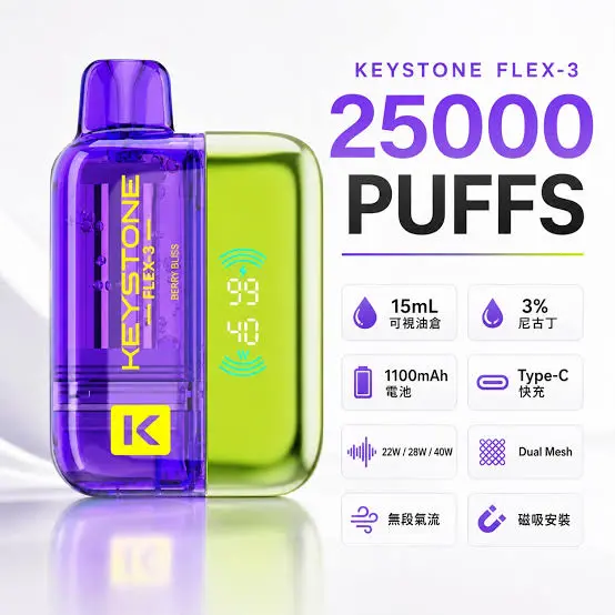 KEYSTONE FLEX-3 鑰石 25000口磁吸換彈拋棄式電子煙套裝｜日常外出隨身攜帶｜三段功率調節搭配Mesh網芯展現穩定霧感與滿足口感層次【買一盒煙彈送主機】